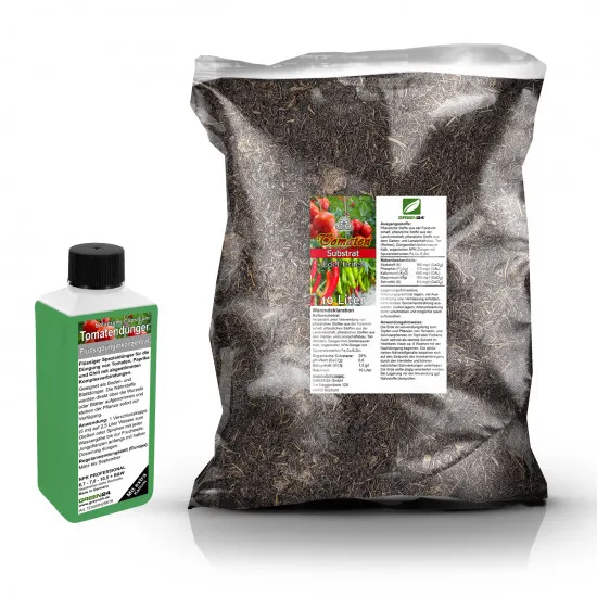 Umtopf-Set für Tomaten-, Paprika- und Chilipflanzen – 10 Liter Spezial-Substrat + 250 ml Flüssigdünger