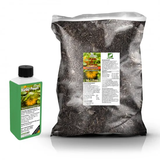 Umtopf-Set für Kürbispflanzen (Cucurbita) und Kürbis - Gewächse – 10 Liter Spezial-Substrat + 250 ml Flüssigdünger