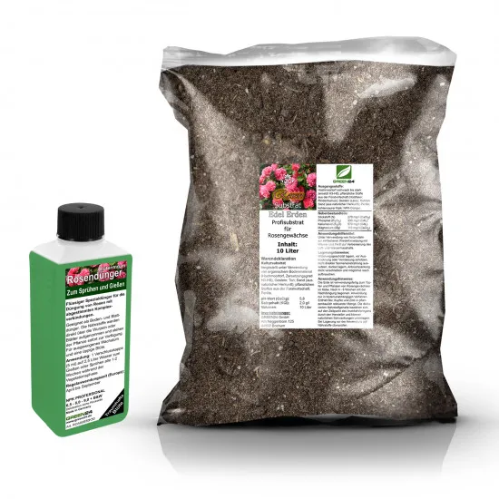 Umtopf-Set für Beetrosen, Edelrosen, Strauchrosen, Kletterrosen – 10 Liter Spezial-Substrat + 250 ml Flüssigdünger